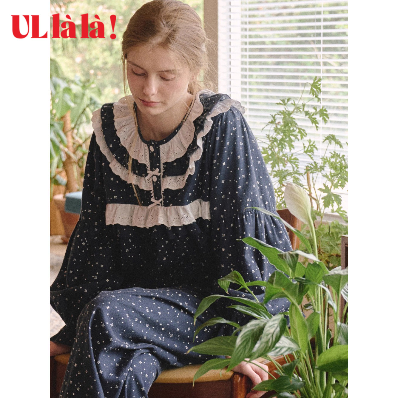 Ullala乌拉拉韩国进口睡衣女秋款纯棉圆领长袖长裤花边家居服套装