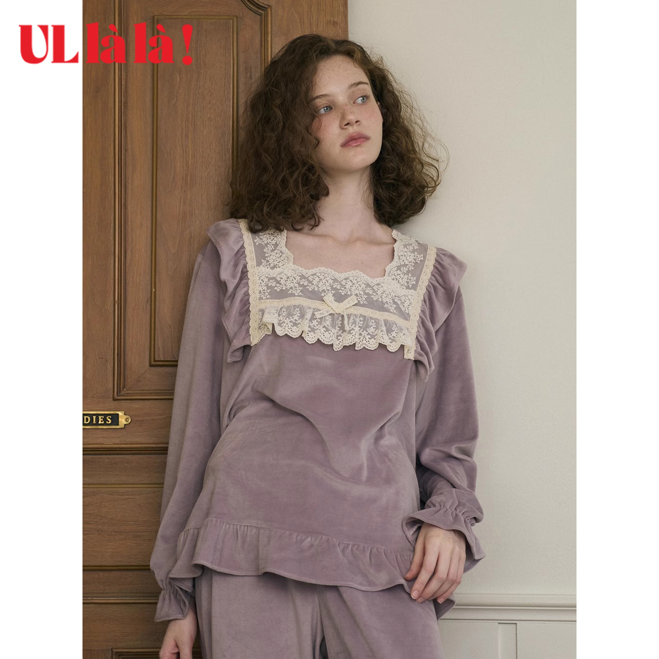 Ullala乌拉拉韩国进口睡衣女法兰绒秋冬长袖长裤家居服套装方领