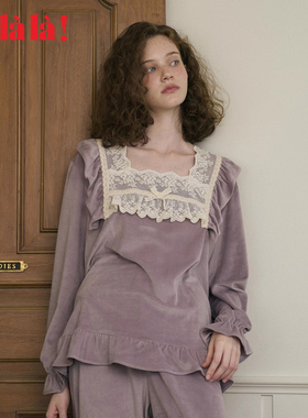 Ullala乌拉拉韩国进口睡衣女法兰绒秋冬长袖长裤家居服套装方领