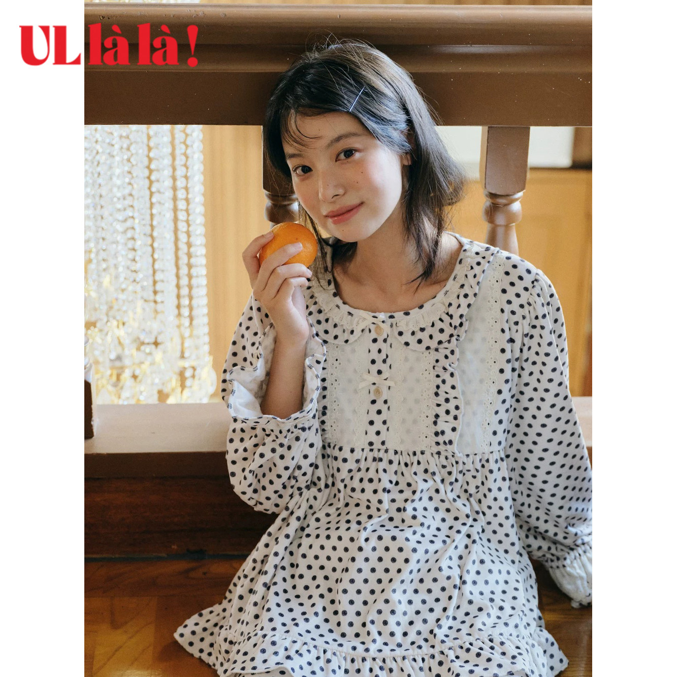 Ullala桃皮绒波点家居服套装甜美