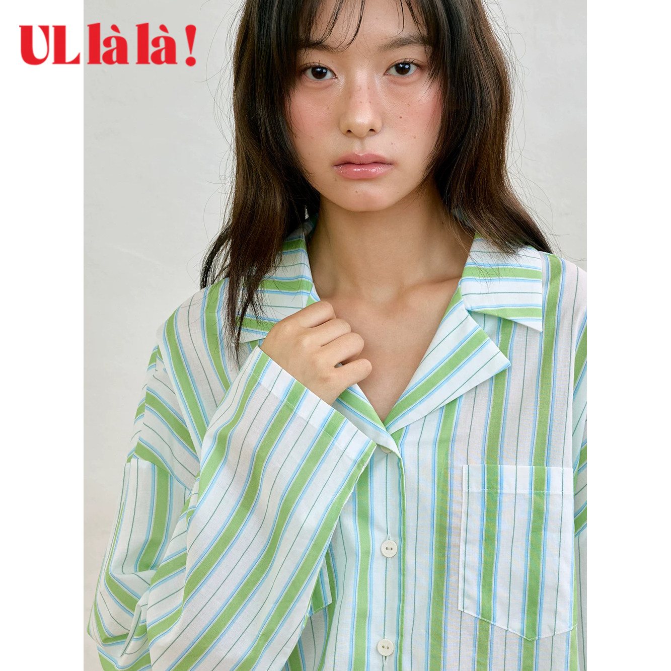 Ullala纯棉绿白条纹睡衣套装女