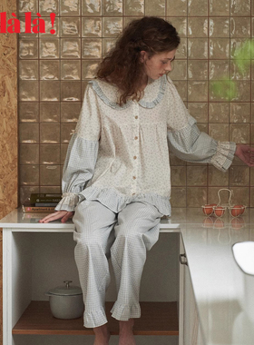 Ullala睡衣秋冬纯棉甜美拼接娃娃领长袖家居服套装薄款韩国进口女