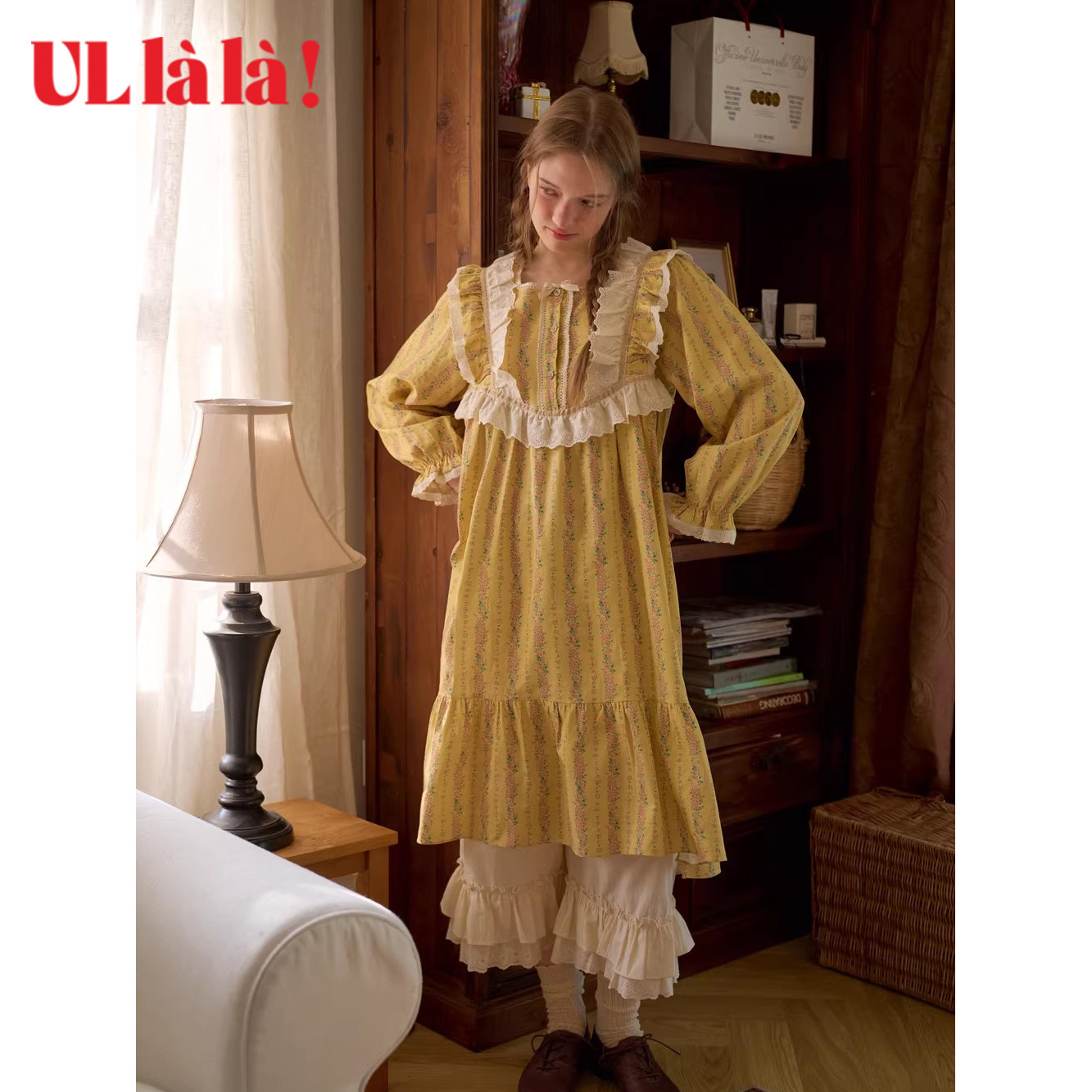 Ullala乌拉拉韩国进口纯棉睡裙女春秋宽松舒适家居服公主风中长裙