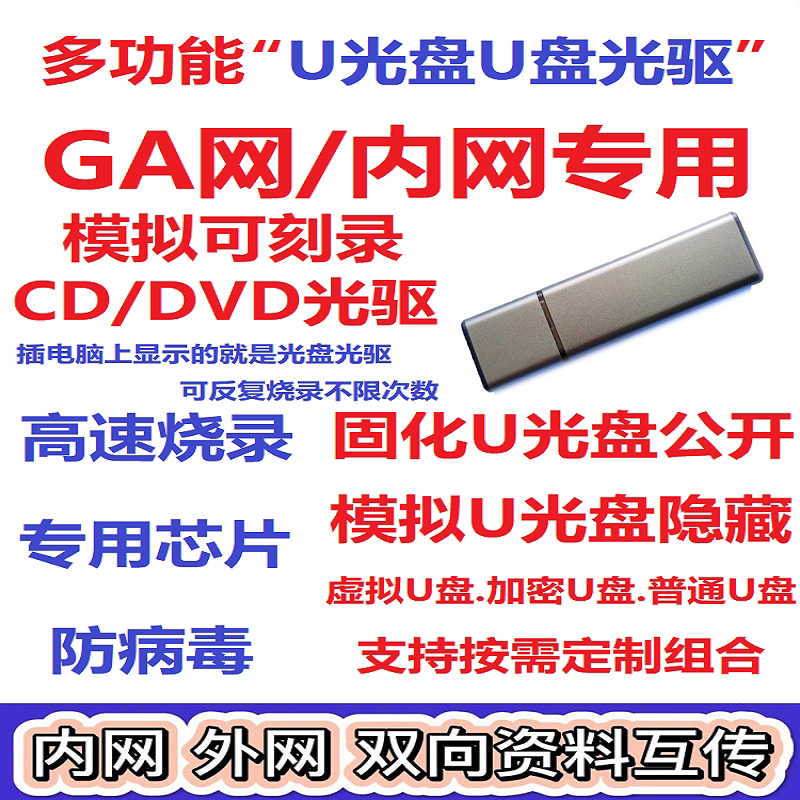 移动U光盘模拟擦写/刻录CDrom/DVD光驱GA网/内网USB安全私密优盘