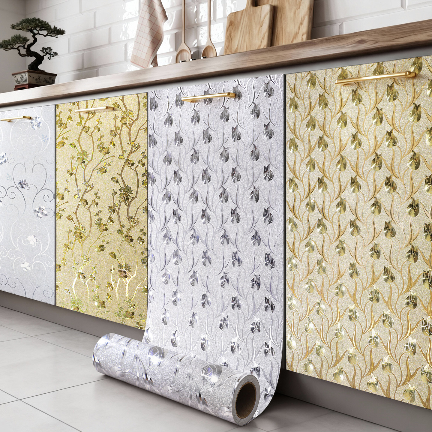 金色银色厨房推拉门厨柜门修补翻新自粘贴纸柜子装饰壁纸防水墙纸,家居饰品,软装墙贴,淘宝优惠券,粉丝福利购,淘宝优惠卷