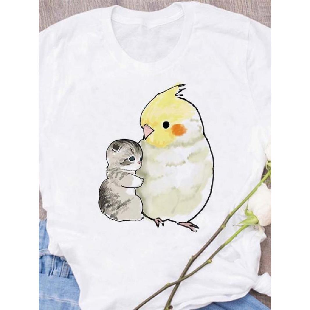 Cartoon cat parrot T-shirt夏季时尚可爱卡通鹦鹉懒猫短袖T恤女