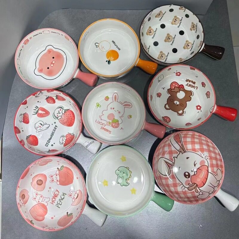 卡通可爱陶瓷带手柄泡面碗家用