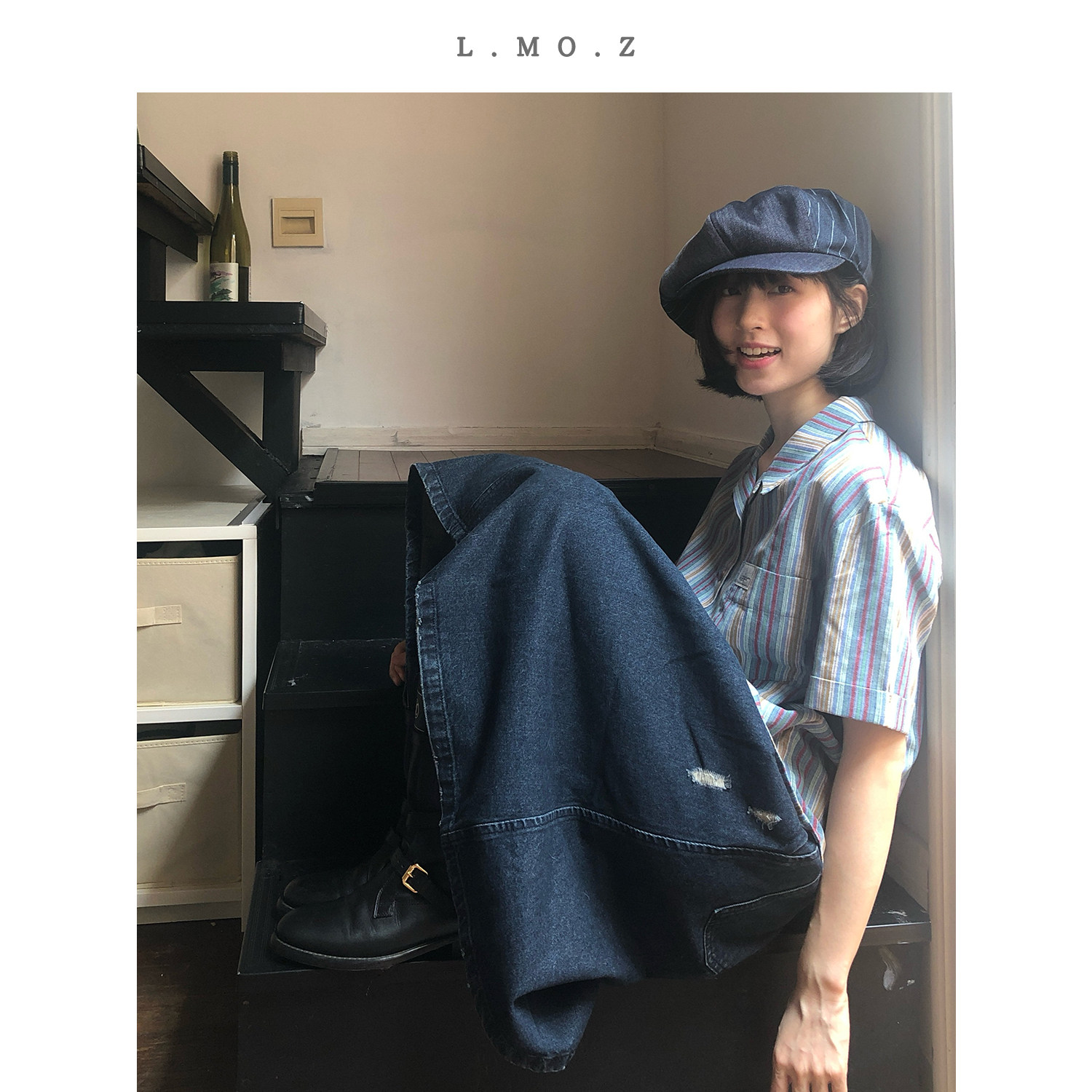 L.MOZ蓝墨竹八角帽子女2025新款夏复古牛仔日系报童帽大头围秋图片