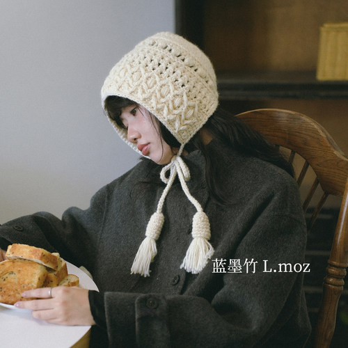 蓝墨竹L.MOZ手工钩花针织帽秋冬新款羊毛韩系百搭可爱包头护耳帽