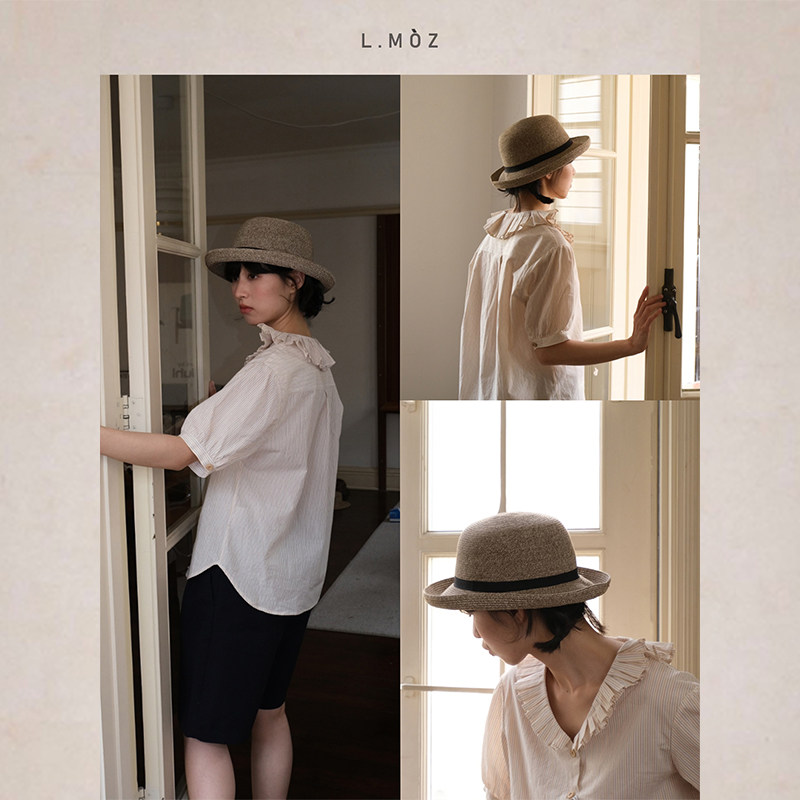 蓝墨竹韩版圆顶卷边小礼帽女夏款遮阳度假百搭盆帽显脸小