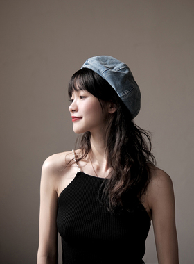 L.MOZ 小众设计款 水洗做旧牛仔蓝色贝雷帽女秋冬时尚画家帽春秋