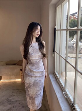 无声美丽 23ss02印花挂脖 冷清美人气质 抽褶开衩连衣裙