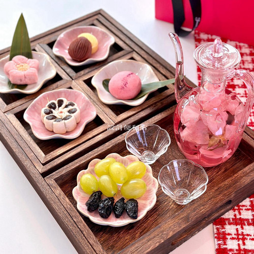 玻璃杯花瓣陶瓷碟中式荷叶茶点盘托盘耐热茶具下午茶桐木茶盘套装