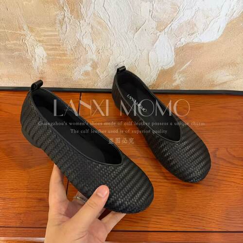 【LANXI MOMO】时尚休闲女士黑色低跟百搭圆头气质单鞋26DX320LX