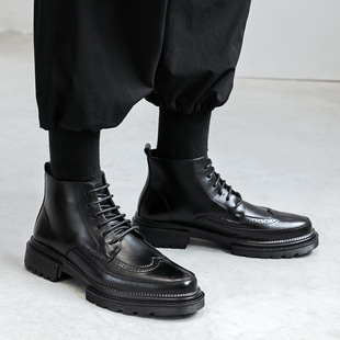 纯黑色马丁靴男装 时尚 单里布洛克高帮皮鞋 中帮短靴薄款 巴洛克靴子