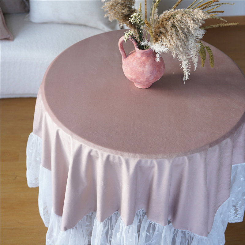 欧式蕾丝边小茶几圆桌桌布脏粉色茶几餐桌盖布轻奢高级感棉麻桌布