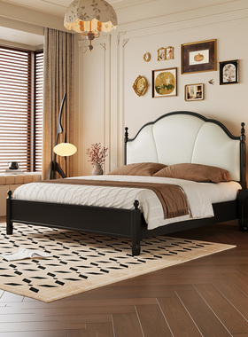 法式覆古实木床中古风主卧高端大气双人床轻奢现代简约黑色真皮床