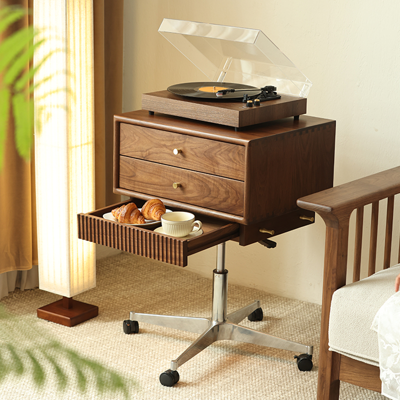 黑胡桃可移动边几升降旋转床头柜