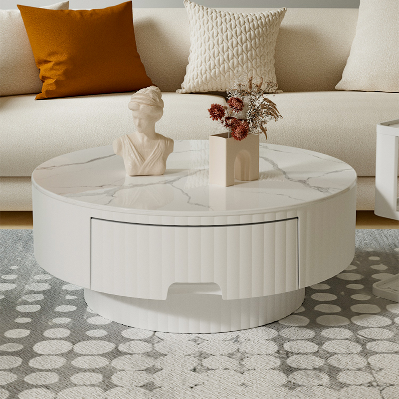 奶油风圆形岩板茶几现代轻奢简约