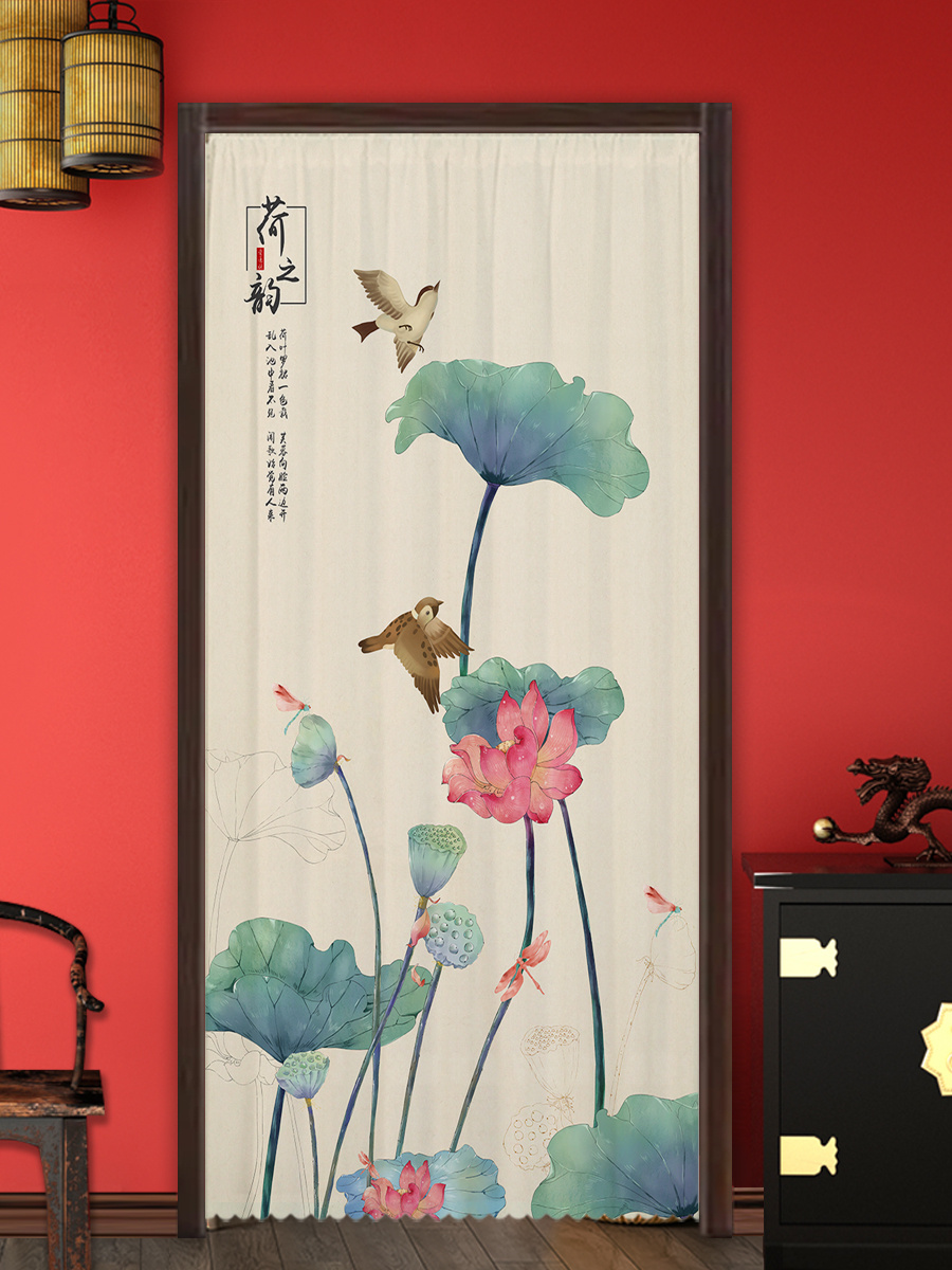 门帘透光不透人新中式花鸟鱼山水墨画装饰遮挡卧室客厅家用免打孔图片