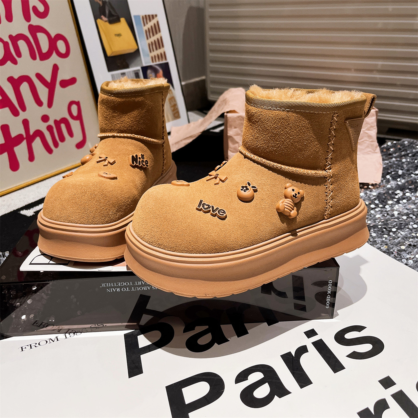 小熊4cm增高雪地靴加绒保暖女鞋