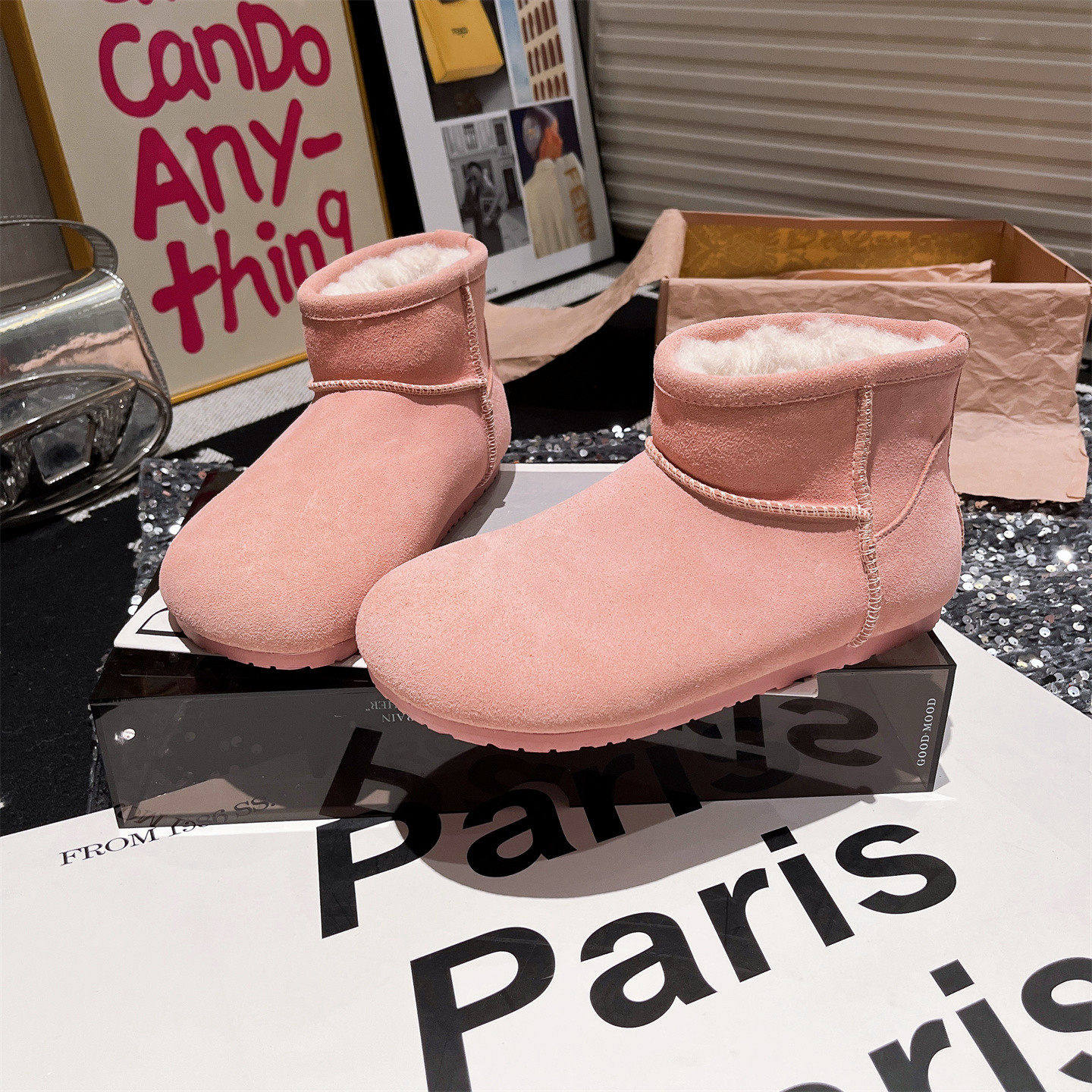 欧洲站真皮羊毛大头糖果色勃肯鞋面包鞋平底雪地棉靴白色短靴女鞋