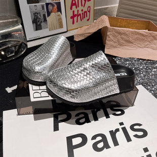 欧洲站编织大头复古包头女鞋托厚底松糕拖鞋金属色懒人一脚蹬女鞋