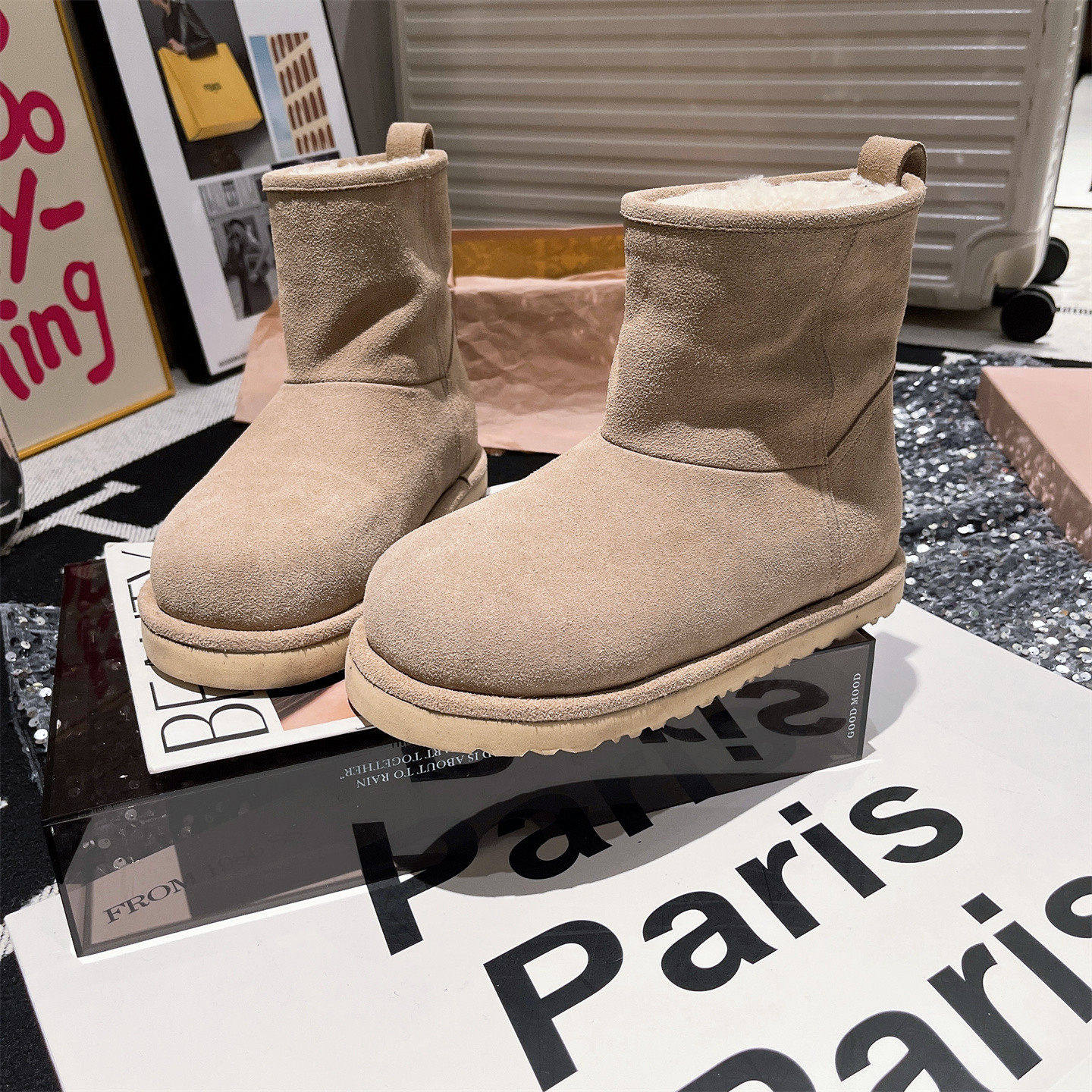 真皮羊毛版~高端大头卡皮巴拉加厚雪地棉靴短靴翻领两穿毛毛鞋女,女鞋,时尚雪地靴,淘宝优惠券,粉丝福利购,淘宝优惠卷