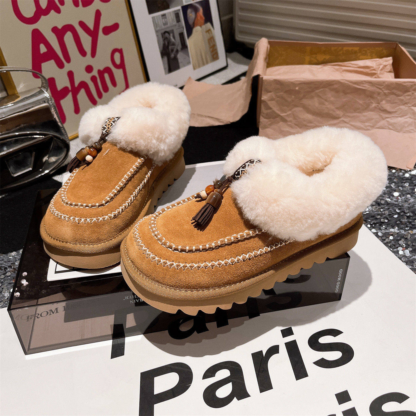 2025年新款真皮羊羔毛毛鞋民族风流苏加厚雪地棉靴一脚蹬平底女鞋,女鞋,时尚雪地靴,淘宝优惠券,粉丝福利购,淘宝优惠卷