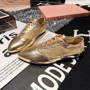 小姨风~时髦尖头网面透气系带乐福鞋小皮鞋平底鞋休闲鞋显瘦女鞋