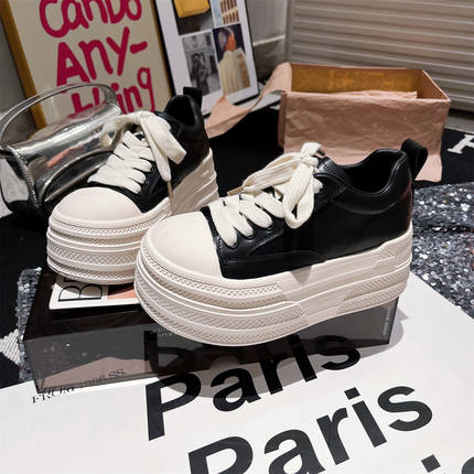 真皮版~韩版贝壳头系带厚底松糕休闲鞋面包鞋小白鞋7cm小个子女鞋