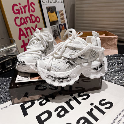 欧洲站真皮做旧擦色喷绘厚底松糕老爹鞋休闲运动鞋小个子7cm女鞋