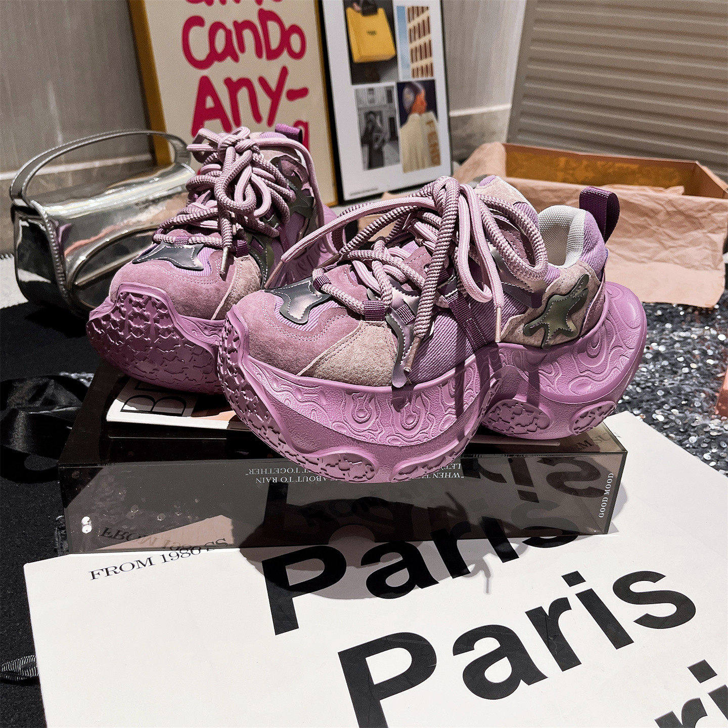 真皮版~欧货翻毛皮拼接牛仔小飞尾小个子紫色老爹鞋运动增高女鞋,女鞋,老爹鞋,淘宝优惠券,粉丝福利购,淘宝优惠卷