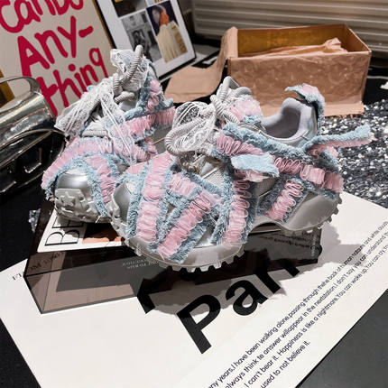 2025新款ins超火牛仔蕾丝厚底松糕小个子7cm老爹鞋运动鞋休闲女鞋