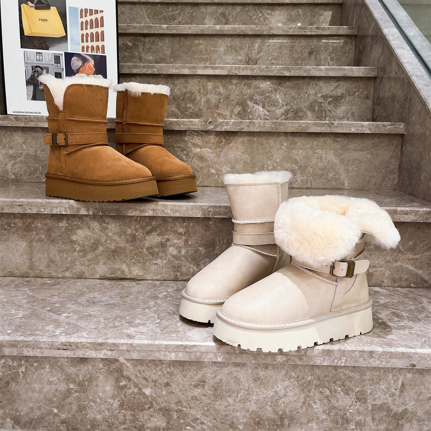 牛皮羊毛版~2025冬新款真皮羊毛翻领两穿骑士雪地棉靴平底鞋女鞋,女鞋,时尚雪地靴,淘宝优惠券,粉丝福利购,淘宝优惠卷