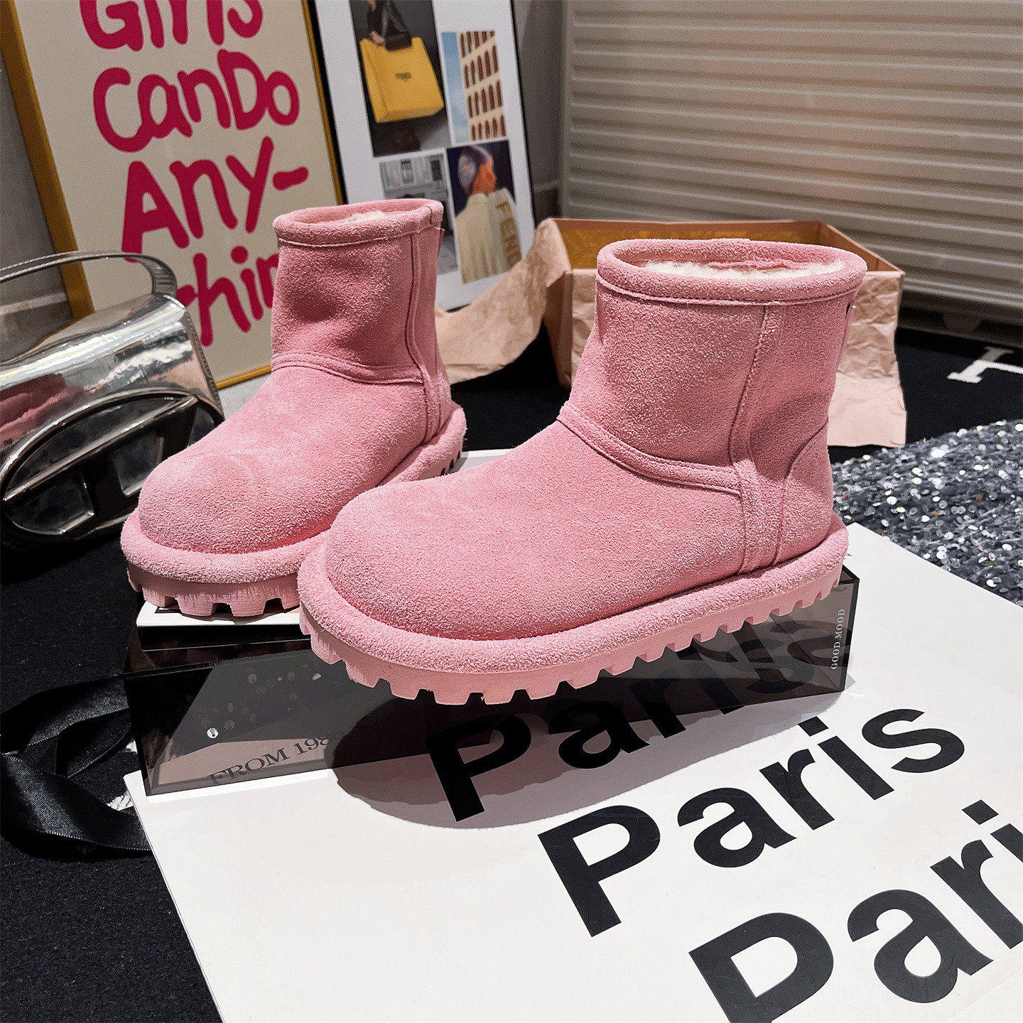 真皮羊毛版~欧洲站糖果色大头小土豆雪地棉靴勃肯鞋卡皮巴拉女鞋