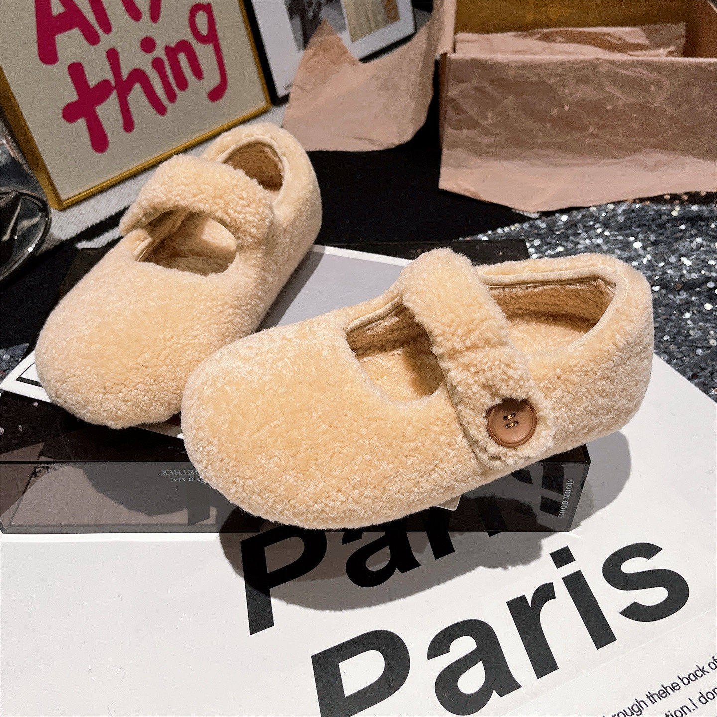 羊毛版~欧货一字扣玛丽珍浅口勃肯鞋大头豆豆鞋红色平底毛毛鞋女,女鞋,棉鞋,淘宝优惠券,粉丝福利购,淘宝优惠卷