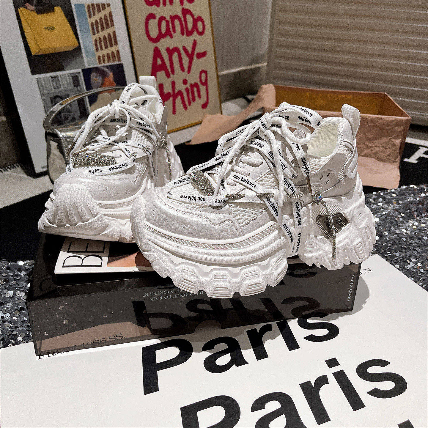 2026春季新款水钻绑带蜘蛛侠厚底松糕小个子老爹鞋运动鞋休闲鞋女