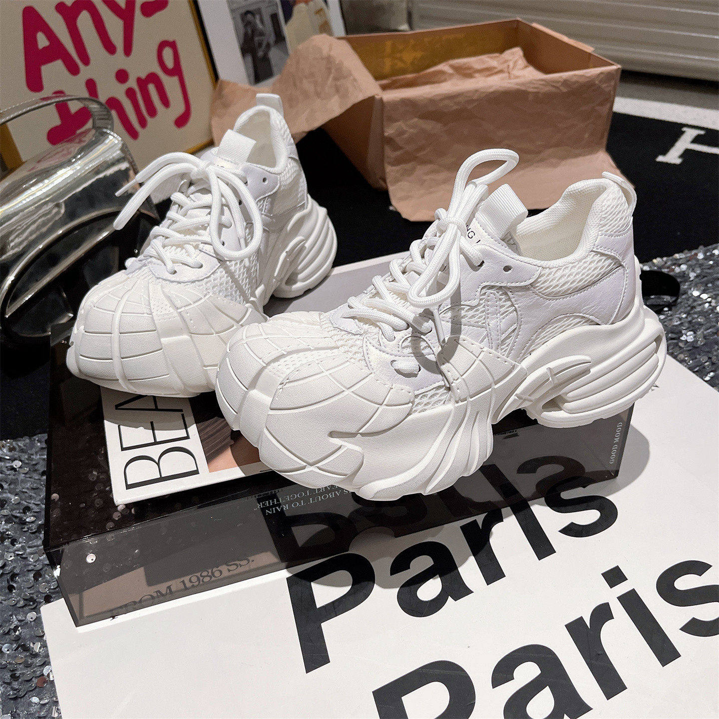 真皮版~机车风贝壳头系带厚底松糕珠光小白鞋老爹鞋运动鞋5cm女鞋,女鞋,老爹鞋,淘宝优惠券,粉丝福利购,淘宝优惠卷