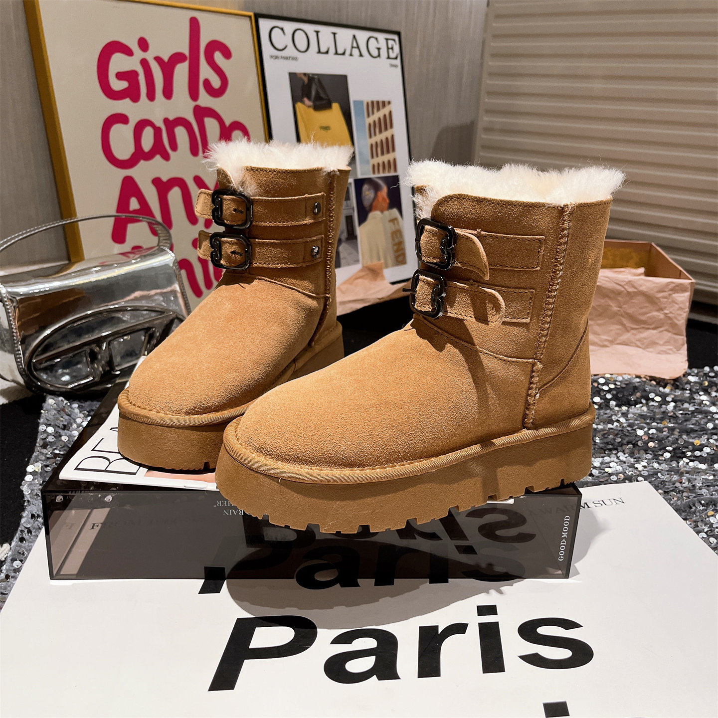 2025新款真皮羊毛金属扣厚底松糕雪地棉靴加厚保暖短靴小个子女鞋,女鞋,时尚雪地靴,淘宝优惠券,粉丝福利购,淘宝优惠卷