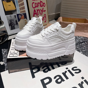 8cm~2026新款系带缝线厚底松糕超高跟小个子小白鞋面包鞋运动女鞋