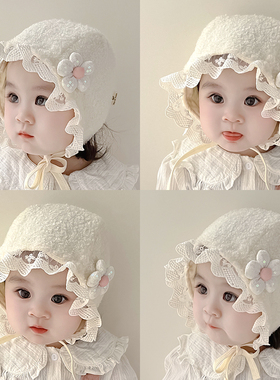 秋冬季婴儿帽子时尚洋气花朵女宝宝套头帽婴幼儿童网红花边遮阳帽