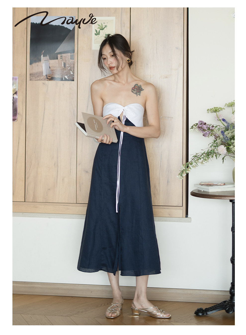 Mauve Studio 春夏系带修身露背裙开叉亚麻连衣裙女士打底抹胸裙