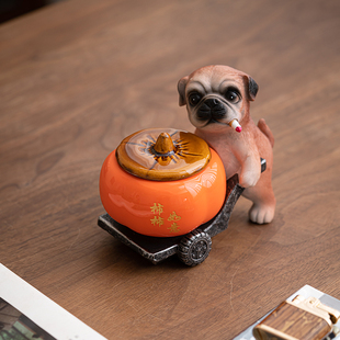 创意可爱狗抱丑橘大吉大利烟灰缸家用客厅高级带盖子装饰防风飞灰