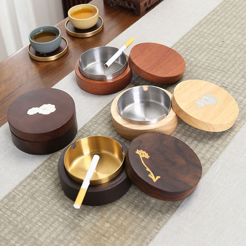 胡桃木烟灰缸创意潮流轻奢有盖防飞灰家用办公室黑檀实木烟灰缸