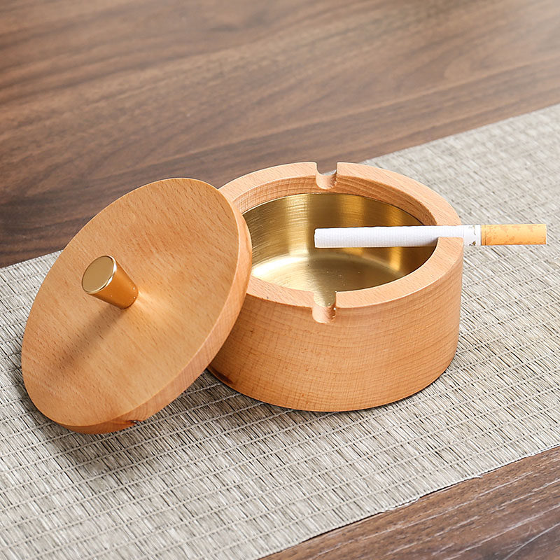 胡桃木烟灰缸整块实木新中式办公室家用客厅大号带盖创意防飞灰
