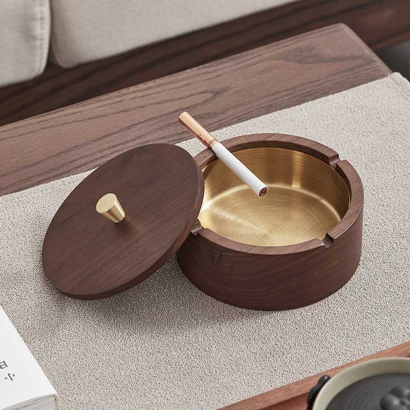 胡桃木烟灰缸家用客厅实木带盖防飞灰办公室简约木质灰缸轻奢高级