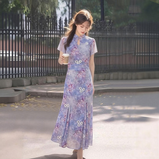 短袖 气质复古印花盘扣修身 连衣裙 国风紫色改良旗袍女夏新款 新中式