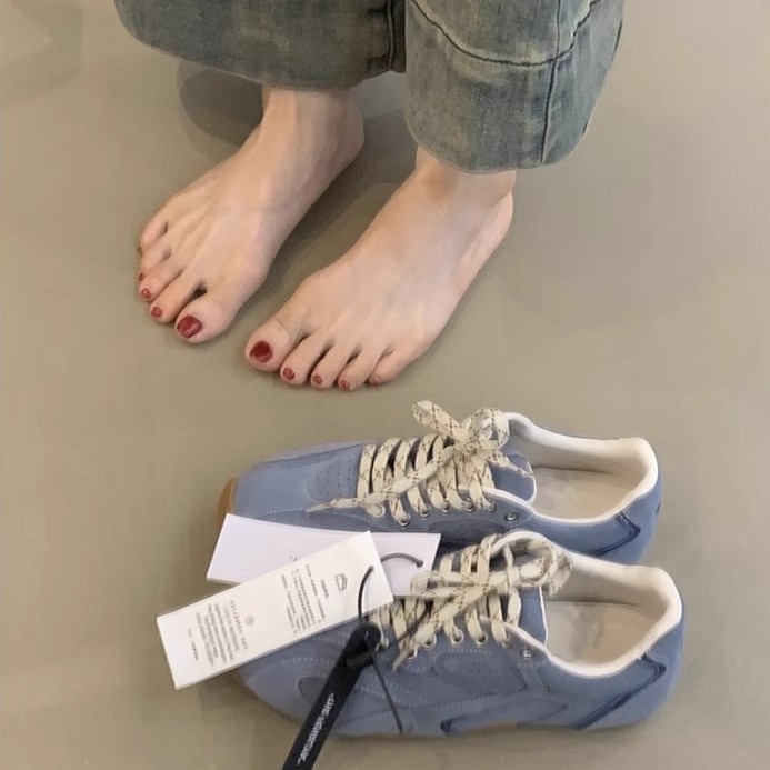 牛皮版~复古休闲鞋拼色德训鞋系带平底运动鞋女百搭跑步阿甘鞋潮