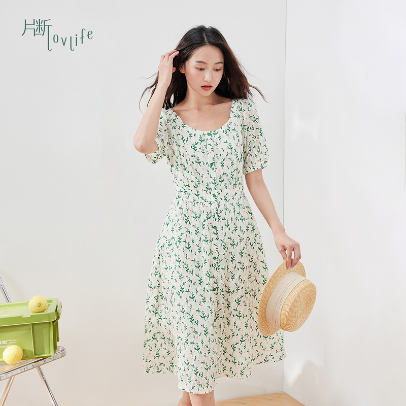 片断连衣裙女夏季新款碎花收腰设计短袖小清新文艺百搭长裙潮